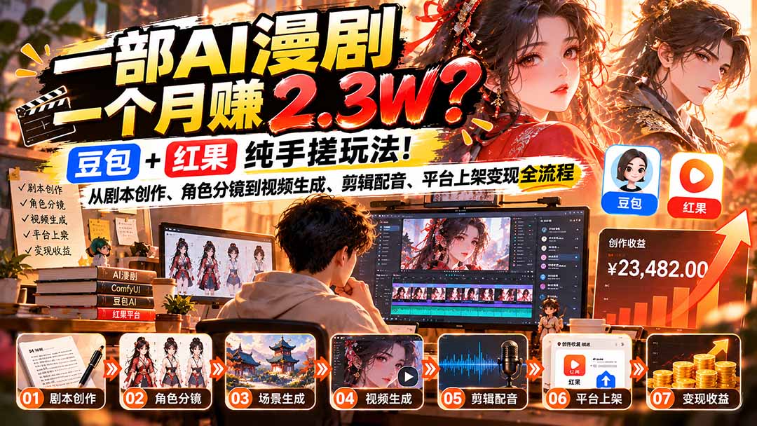 一部AI漫剧一个月赚2.3W？豆包+红果纯手搓玩法！从剧本创作、角色分镜到视频生成、剪辑配音、平台上架变现全流程