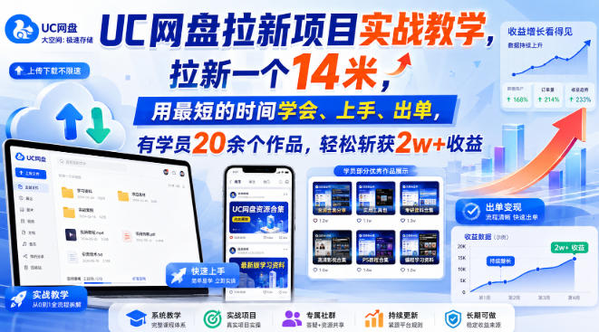UC网盘拉新项目实战教学，拉新一个14米，用最短的时间学会、上手、出单，有学员20余个作品，轻松斩获2w+收益(更新1015)