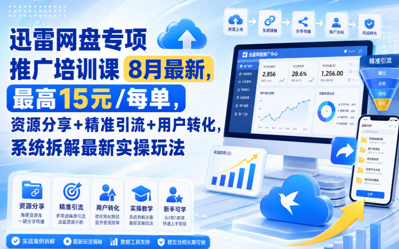 迅雷网盘专项推广培训课9月最新，最高15米/每单，资源分享+精准引流+用户转化，系统拆解最新实操玩法(更新1009)