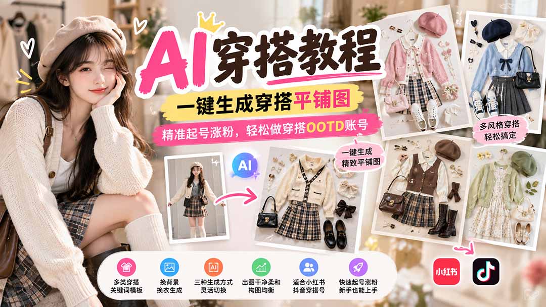 【无水印】AI穿搭教程｜一键生成穿搭平铺图，精准起号涨粉，轻松做穿搭OOTD账号
