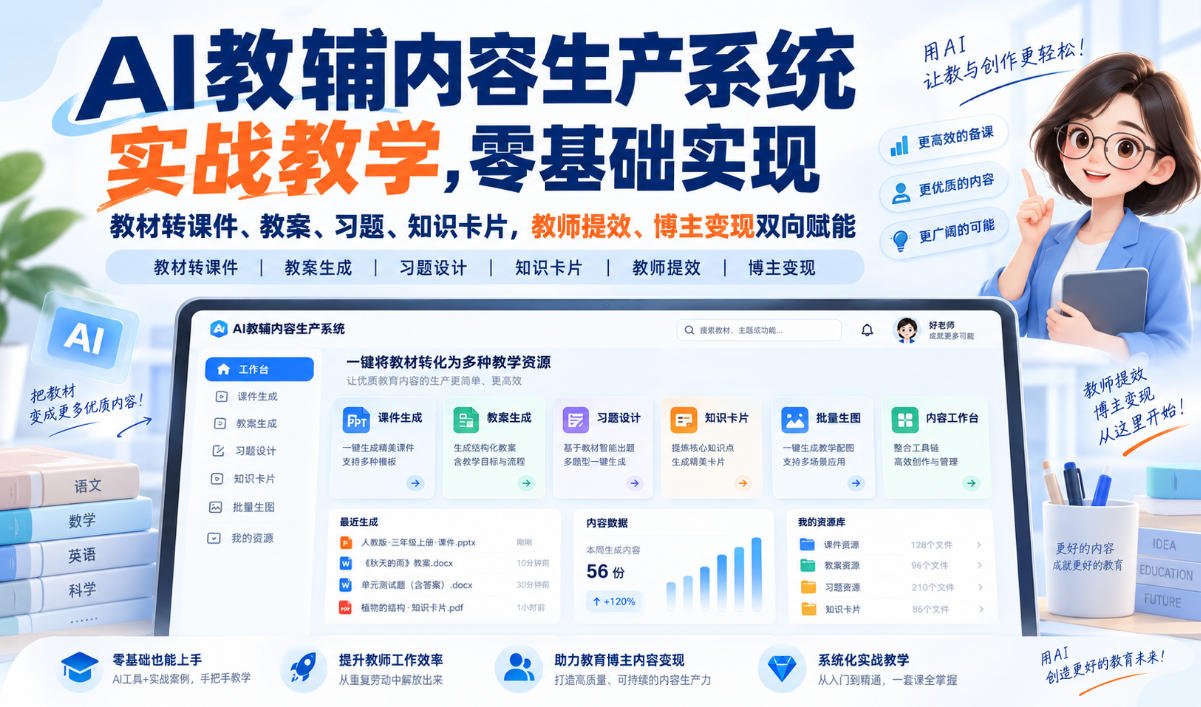 【无水印】AI教辅内容生产系统实战教学，零基础实现教材转课件、教案、习题、知识卡片，教师提效、博主变现双向赋能(更新0926)