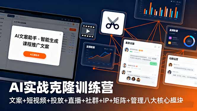 AI实战克隆训练营：文案+短视频+投放+直播+社群+IP+矩阵+管理八大核心模块