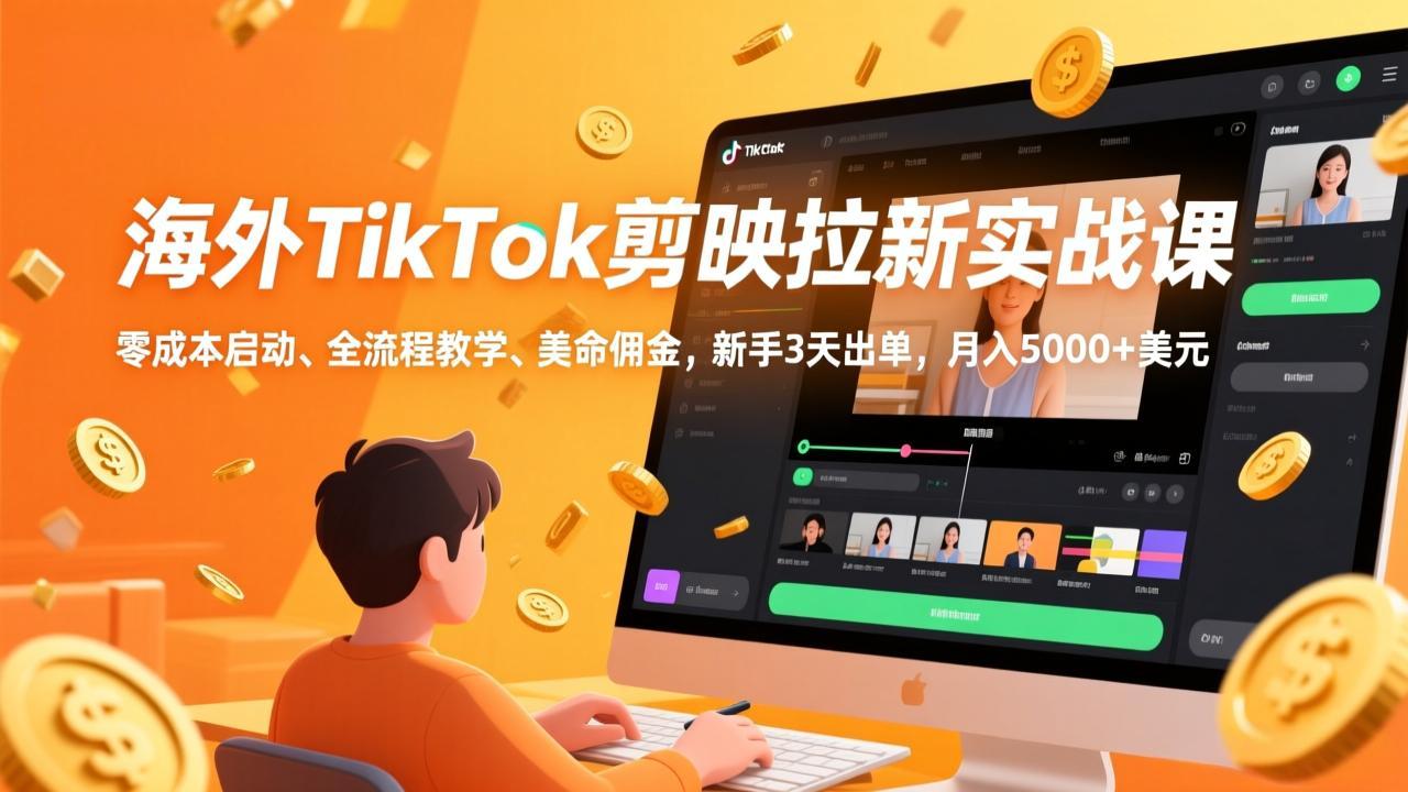 海外TikTok剪映拉新实战课，零成本启动、全流程教学、美金佣金，新手3天出单，月入5000+美元