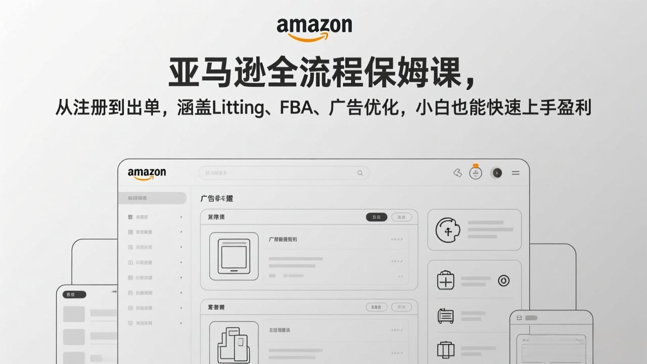 亚马逊全流程保姆课，从注册到出单，涵盖Listing、FBA、广告优化，小白也能快速上手盈利