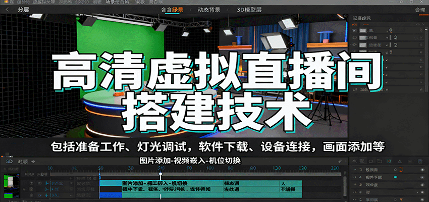 高清虚拟直播间搭建技术，包括准备工作、灯光调试，软件下载、设备连接，画面添加等