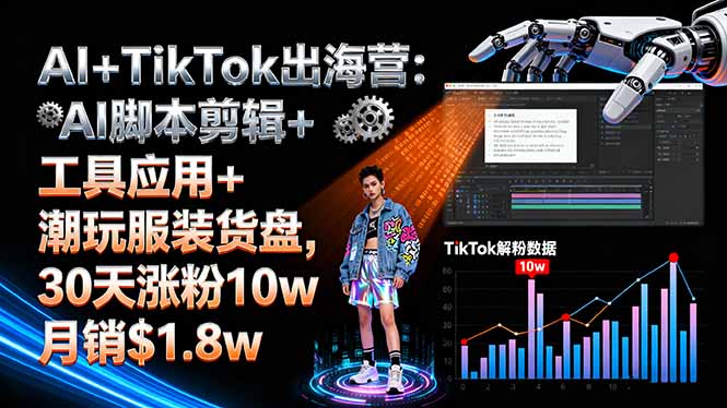 AI+TikTok出海营:AI脚本剪辑+工具应用+潮玩服装货盘,30天涨粉10w月销$1.8w