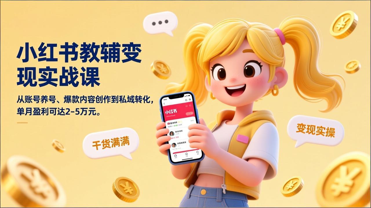 小红书教辅变现实战课，从账号养号、爆款内容创作到私域转化，单月盈利可达2-5万元