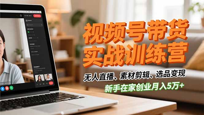 视频号带货实战训练营，无人直播、素材剪辑、选品变现，新手在家创业月入5万+