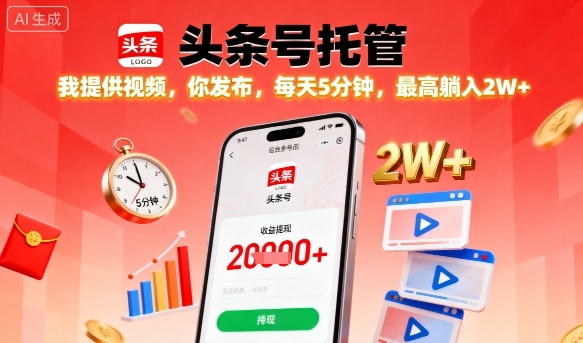 【头条号托管】我提供视频，你发布，每天5分钟，最高躺入2W+【揭秘】