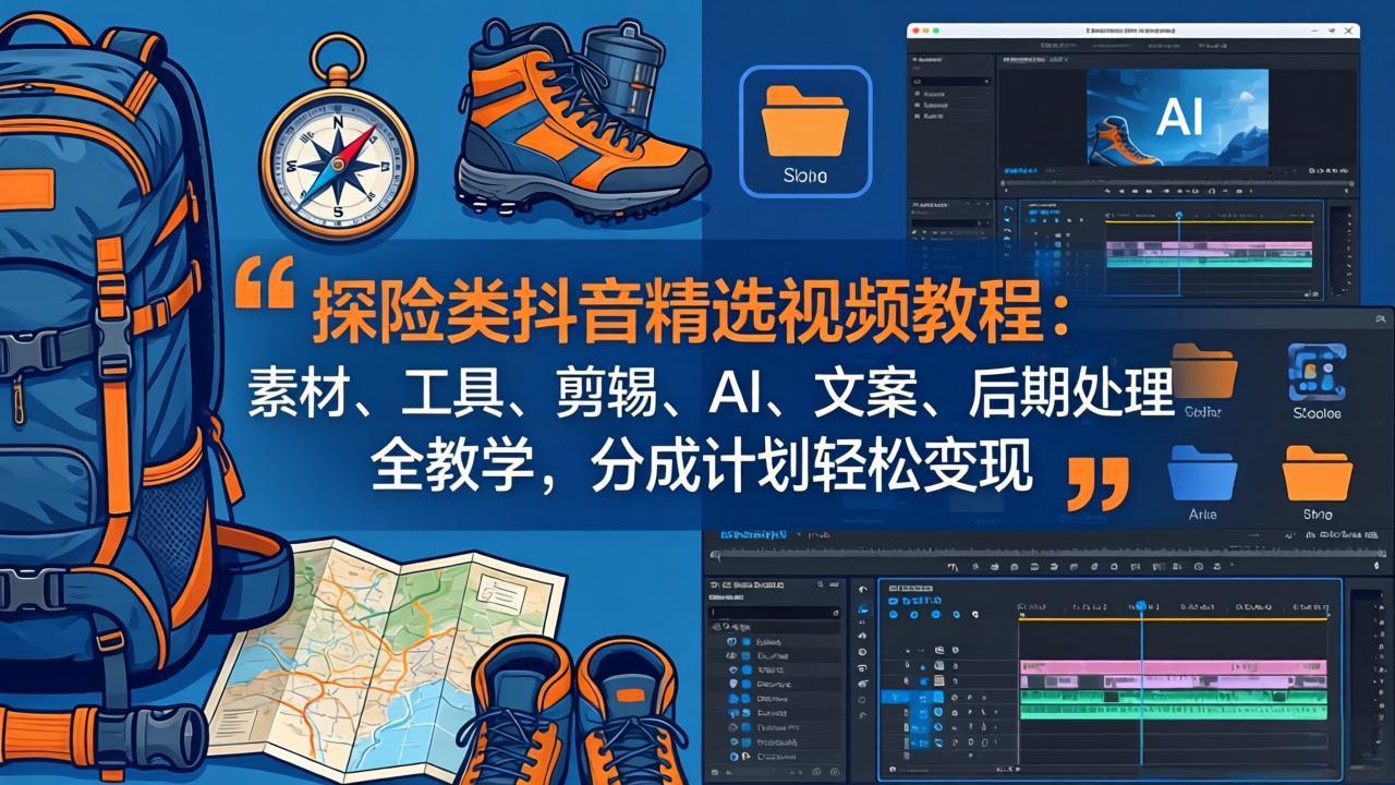 探险类抖音精选视频教程：素材、工具、剪辑、AI、文案、后期处理全教学，分成计划轻松变现