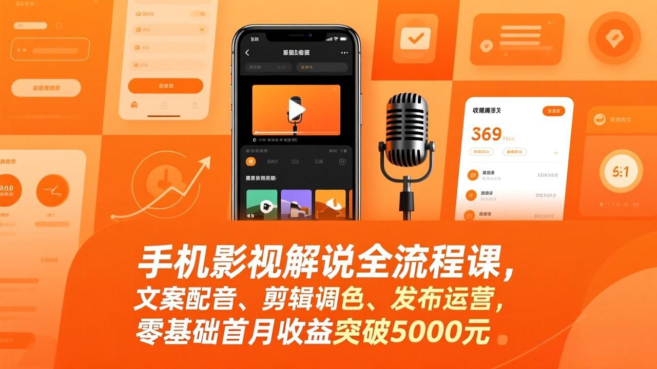 手机影视解说全流程课，文案配音、剪辑调色、发布运营，零基础首月收益突破5000元