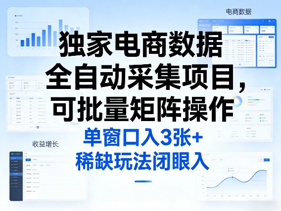 独家电商数据全自动采集项目，可批量矩阵操作，单窗口日入3张+，稀缺玩法闭眼入【揭秘】