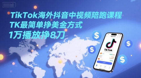 TikTok海外抖音中视频陪跑课程，TK最简单挣美金方式，1万播放挣8刀