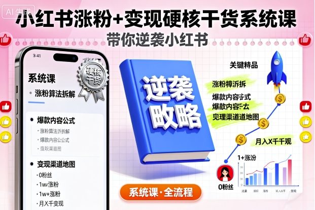 小红书涨粉+变现硬核干货系统课，带你逆袭小红书