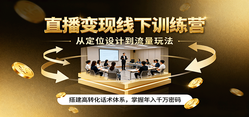 直播变现线下训练营，从定位设计到流量玩法，搭建高转化话术体系，掌握年入千万密码