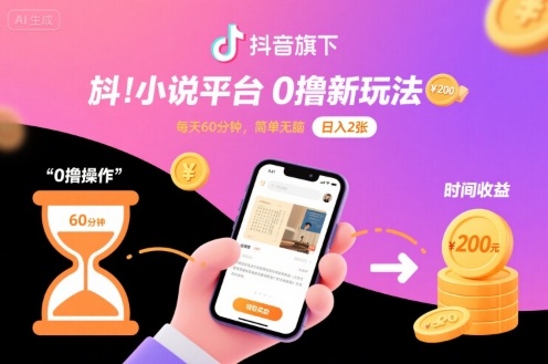 抖音旗下小说平台0撸新玩法，每天挂G60分钟，简单无脑，日入2张【揭秘】