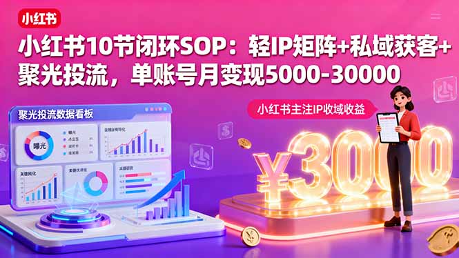 小红书10节闭环SOP：轻IP矩阵+私域获客+聚光投流，单账号月变现5000-30000