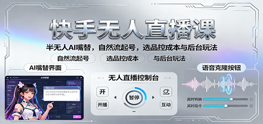 快手无人直播课：半无人AI嘴替，自然流起号，选品控成本与后台玩法