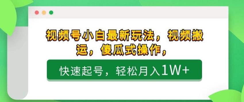 视频号小白最新玩法，视频搬运，傻瓜式操作，快速起号，轻松月入1W+