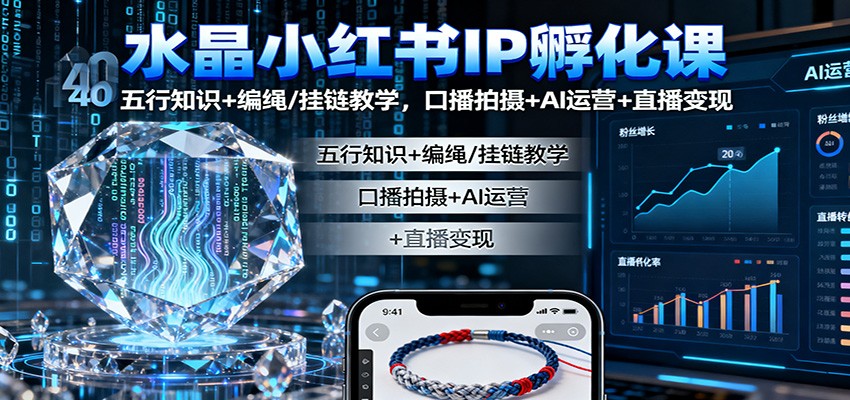水晶小红书IP孵化课：五行知识+编绳/挂链教学，口播拍摄+AI运营+直播变现