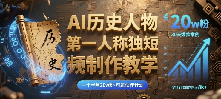 最新AI历史人物第一人称独白短视频制作教学，一个半月20w粉，可过伙伴计划
