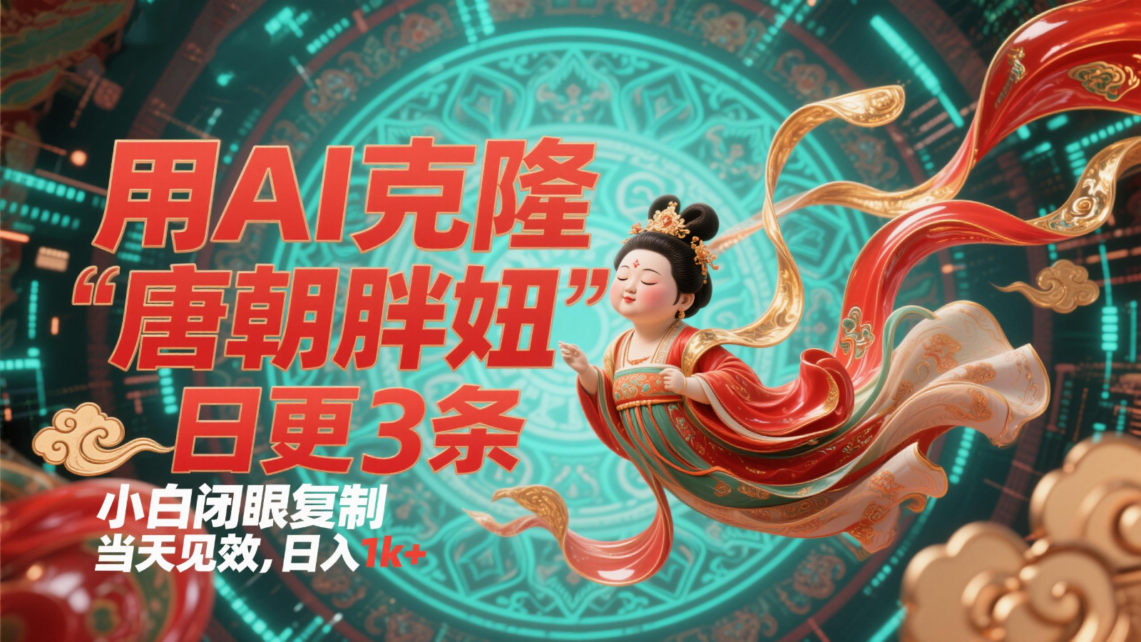 用AI克隆“唐朝胖妞”日更3条，平台疯狂推流，小白闭眼复制，当天见效，日入1k+