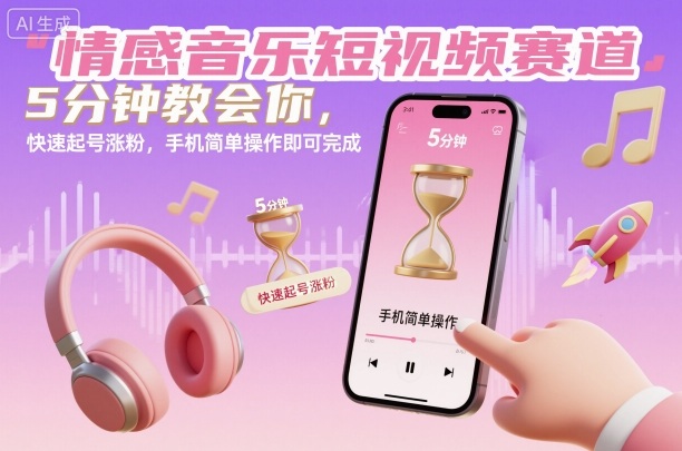 情感音乐短视频赛道，5分钟教会你，快速起号涨粉，手机简单操作即可完成