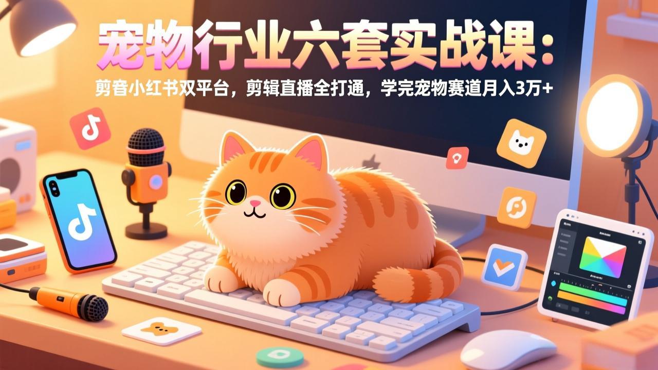 宠物行业六套实战课：抖音小红书双平台，剪辑直播全打通，学完宠物赛道月入3万+