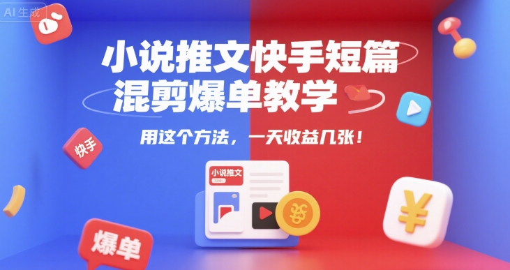 小说推文快手短篇混剪爆单教学，用这个方法，一天收益几张