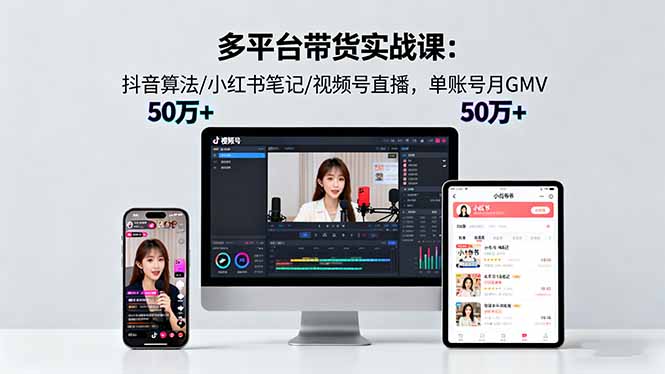 多平台带货实战课18.0：抖音算法/小红书笔记/视频号直播，单账号月GMV50w+