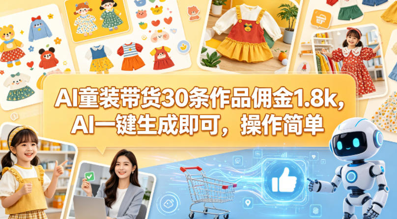 AI童装带货30条作品佣金1.8k，AI一键生成即可，操作简单