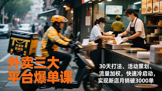外卖三大平台爆单课，30天打法、活动策划、流量加权，快速冷启动，实现新店月销破3000单