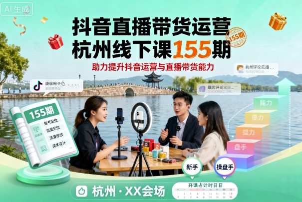 抖音直播带货运营杭州线下课155期，助力提升抖音运营与直播带货能力