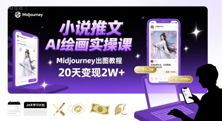 小说推文干货分享之AI绘画MJ出图实操课，用Midjourney做小说推文，20天挣2w