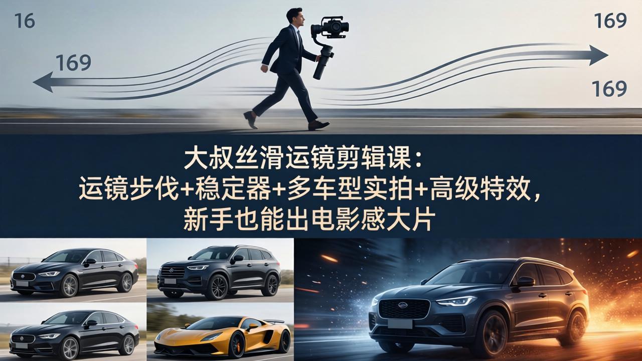 大叔丝滑运镜剪辑课：运镜步伐+稳定器+多车型实拍+高级特效，新手也能出电影感大片