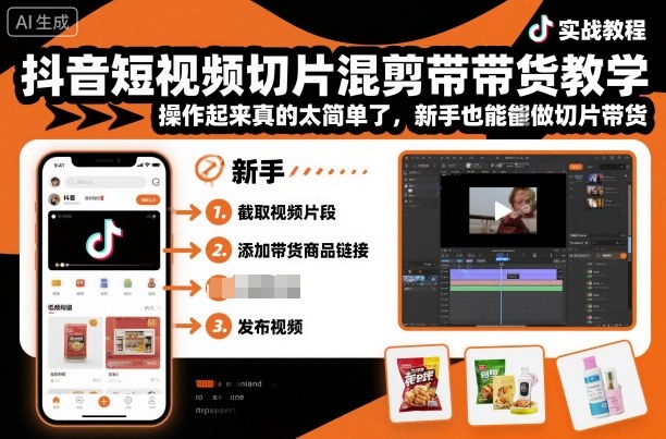 抖音短视频切片混剪带货教学，操作起来真的太简单了，新手也能做切片带货