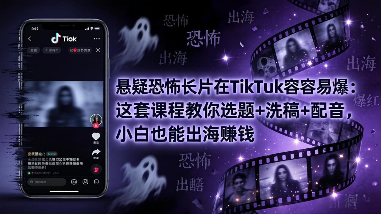 悬疑恐怖长片在TikTok最容易爆：这套课程教你选题+洗稿+配音，小白也能出海赚钱