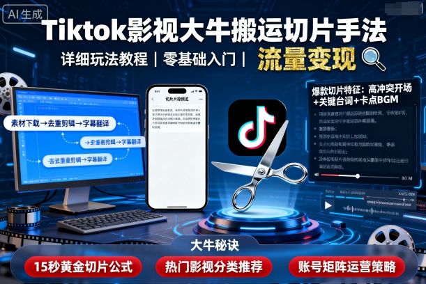 Tiktok影视大牛搬运切片手法，详细玩法教程