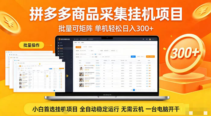 拼多多商品信息全自动采集项目，批量可矩阵，单机轻松日入300+，无需云机一台电脑开干【揭秘】