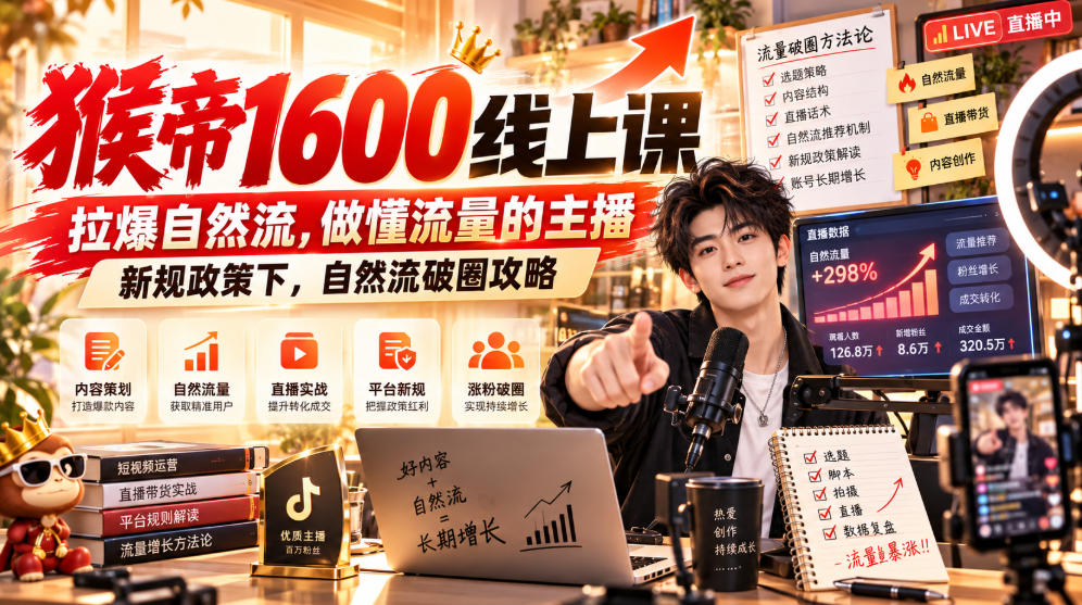猴帝1600线上课，拉爆自然流，做懂流量的主播，新规政策下，自然流破圈攻略【更新261023】