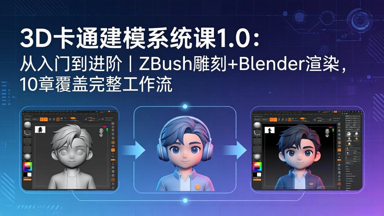 3D卡通建模系统课1.0：从入门到进阶｜ZBrush雕刻+Blender渲染，10章覆盖完整工作流