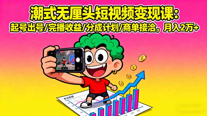 潮式无厘头短视频变现课：起号出号/完播收益/分成计划/商单接洽，月入2万+