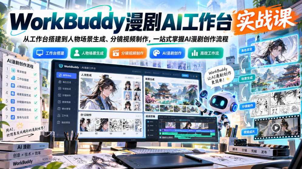 WorkBuddy漫剧AI工作台实战课：从工作台搭建到人物场景生成、分镜视频制作，一站式掌握AI漫剧创作流程