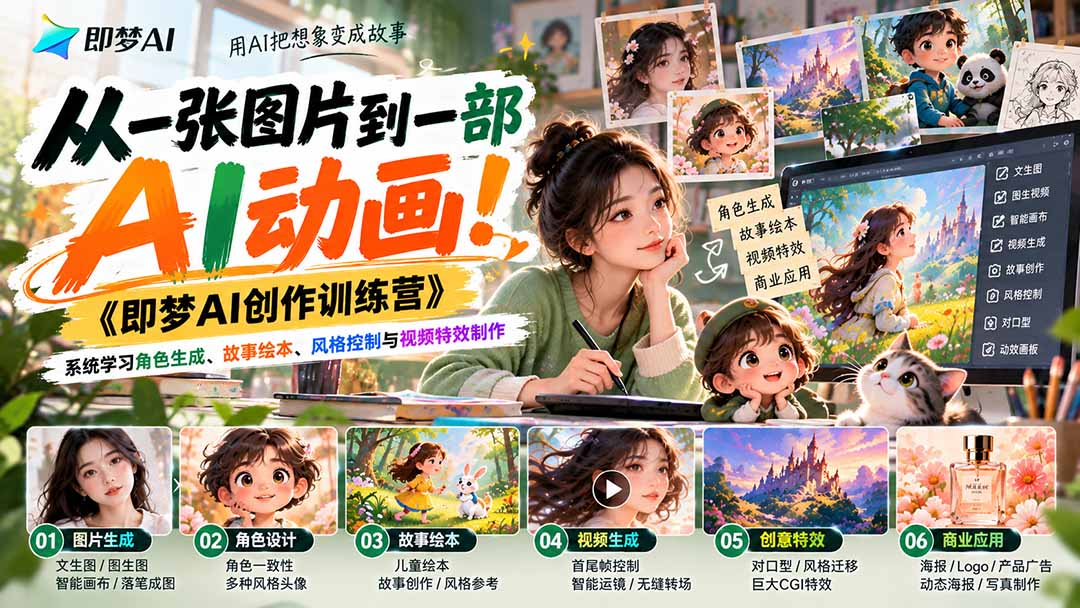 【无水印】从一张图片到一部AI动画！《即梦AI创作训练营》系统学习角色生成、故事绘本、风格控制与视频特效制作