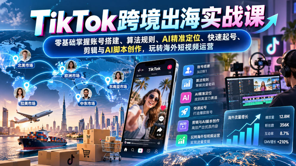 TikTok跨境出海实战课：零基础掌握账号搭建、算法规则、AI精准定位、快速起号、剪辑与AI脚本创作，玩转海外短视频运营