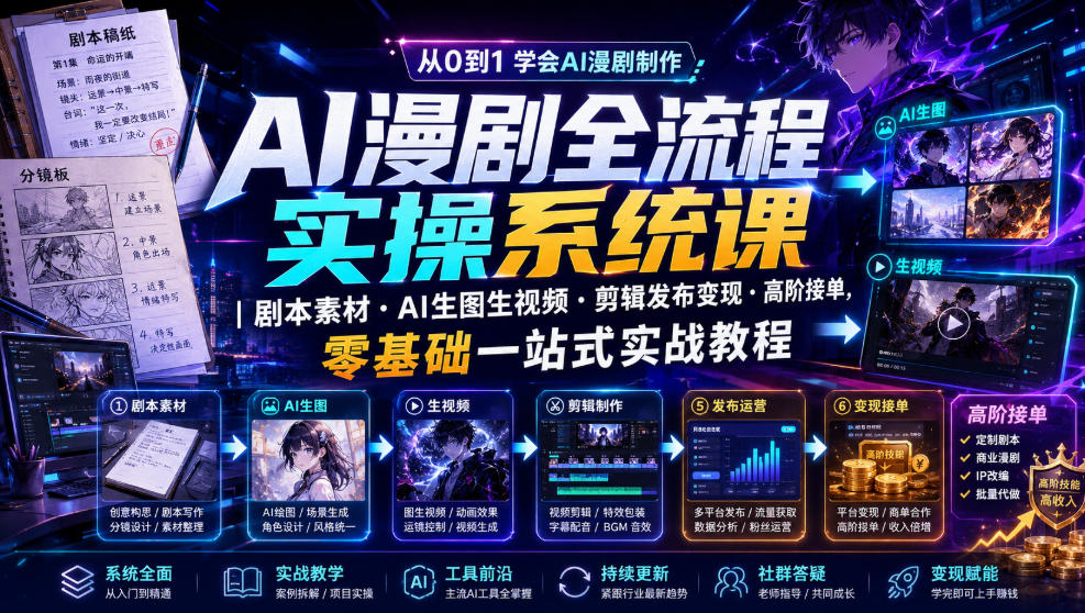 AI漫剧全流程实操系统课｜剧本素材・AI生图生视频・剪辑发布变现・高阶接单，零基础一站式实战教程(更新1027)